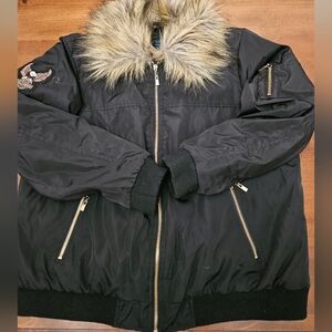 Black Bomber Jacket with Faux Fur Collar